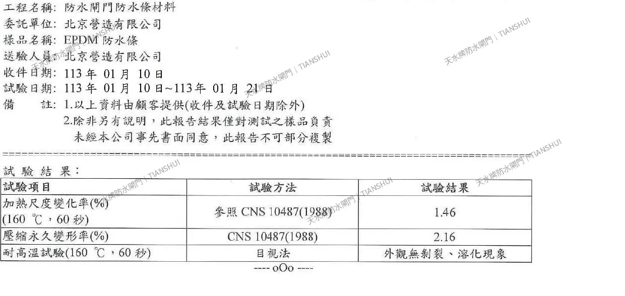 EPDM 防水條 CNS 10487 高溫性能數據