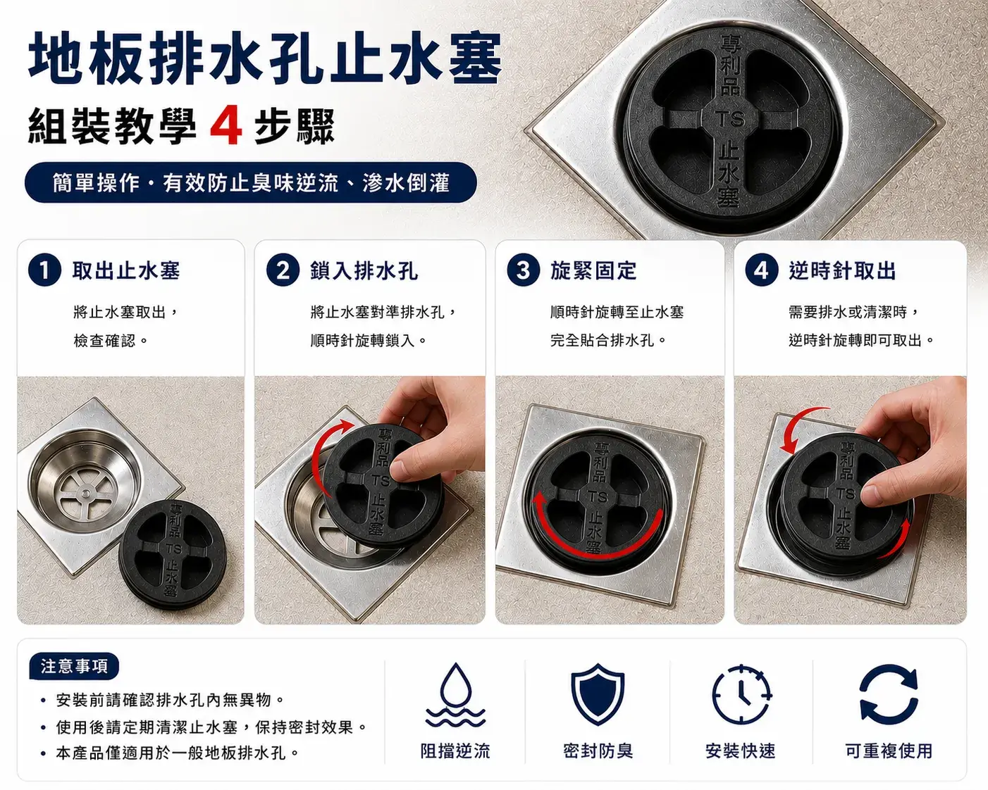 地板排水孔止水塞組裝與安裝操作步驟