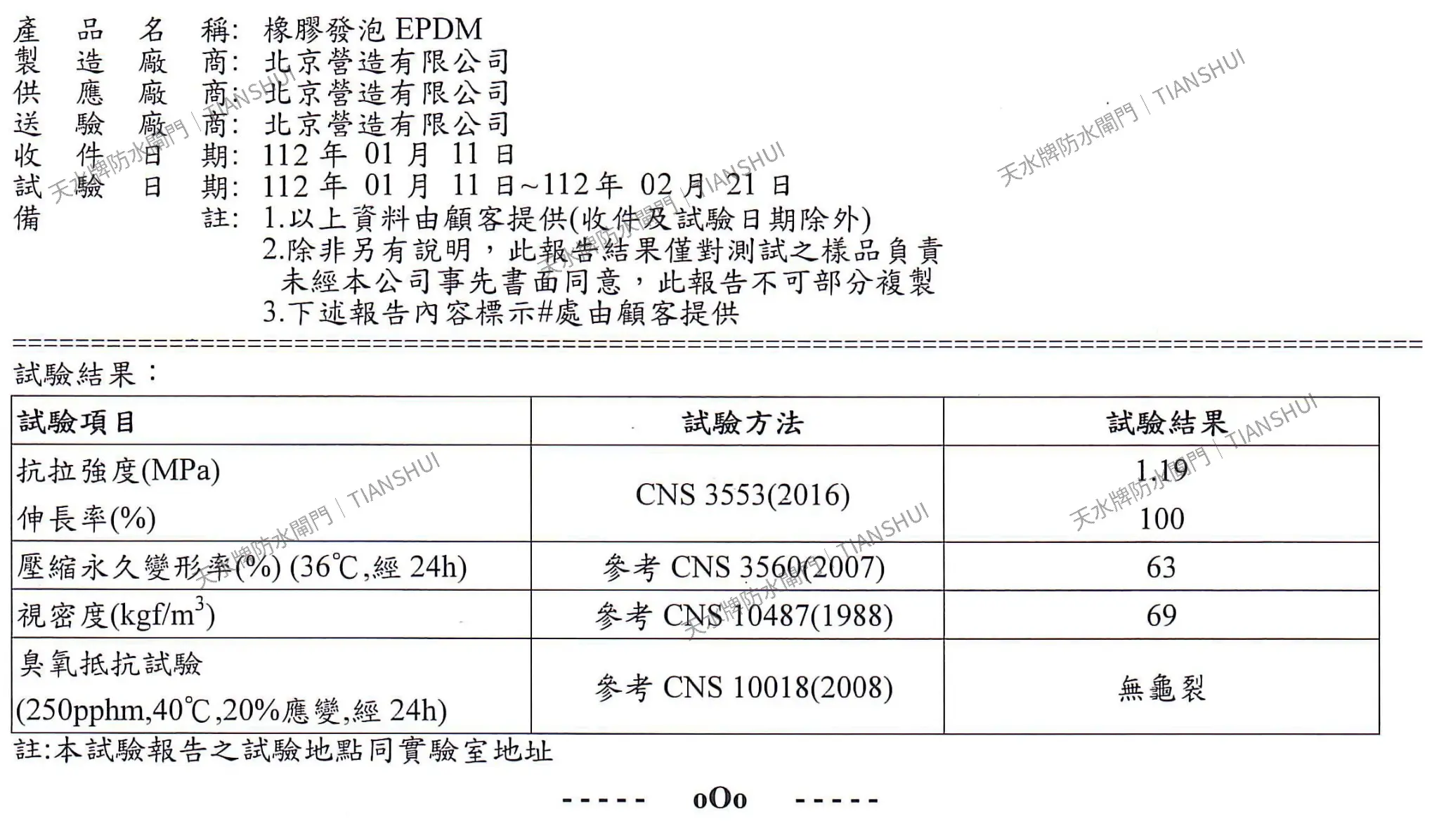 EPDM 橡膠 CNS 3553 材料性能數據